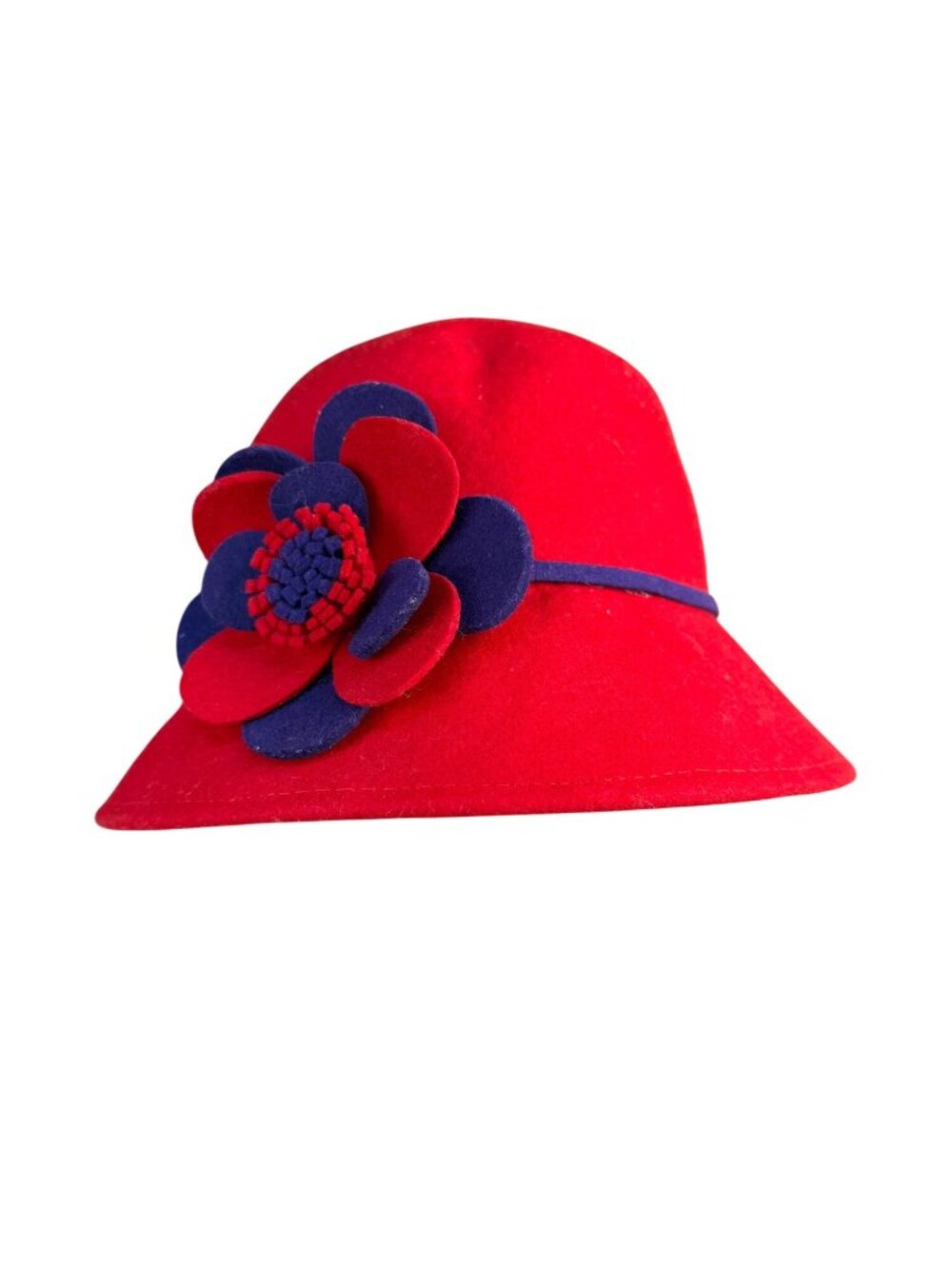 Something Special Womens Red Wool Bucket Hat Floral Accent Blue Trim